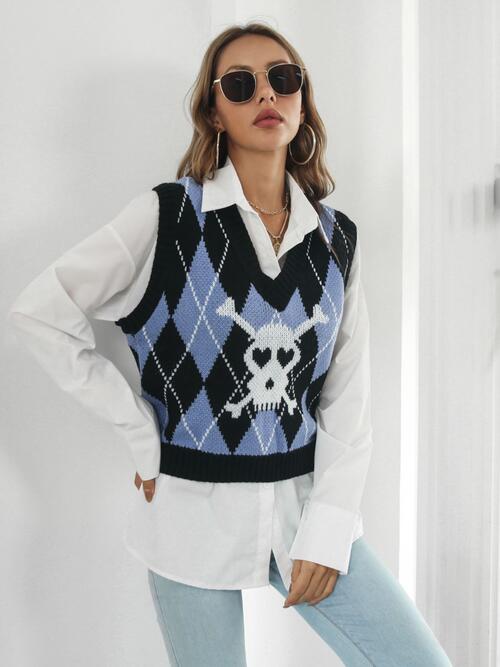 Skull Geometric V-Neck Sweater Vest