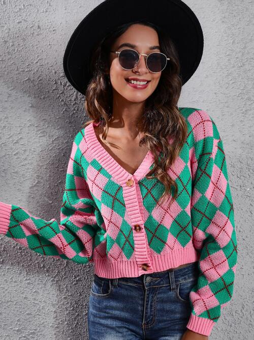 Geometric Button Up Long Sleeve Cardigan