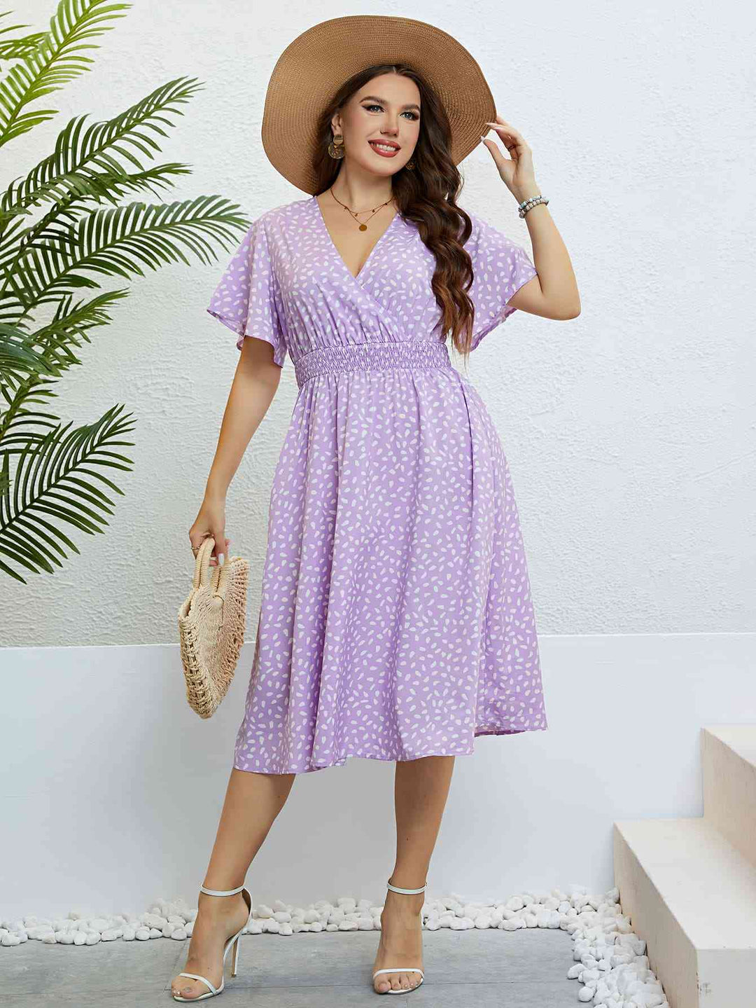 Plus Size Printed Smocked Waist Surplice Dress