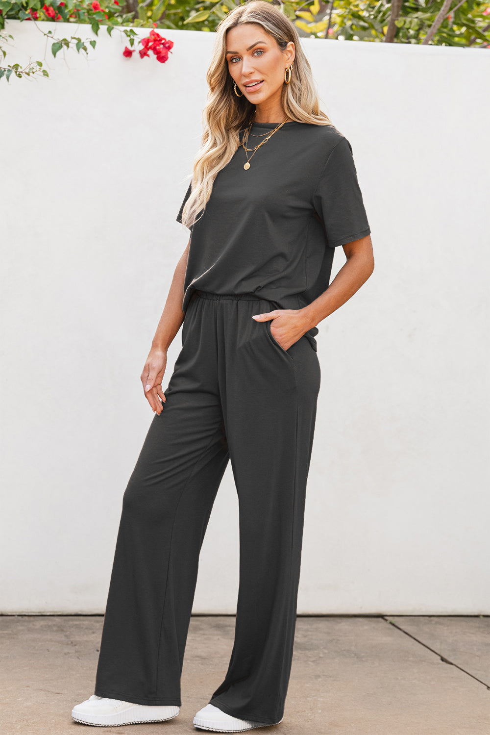 Round Neck Short Sleeve Top and Pants Set