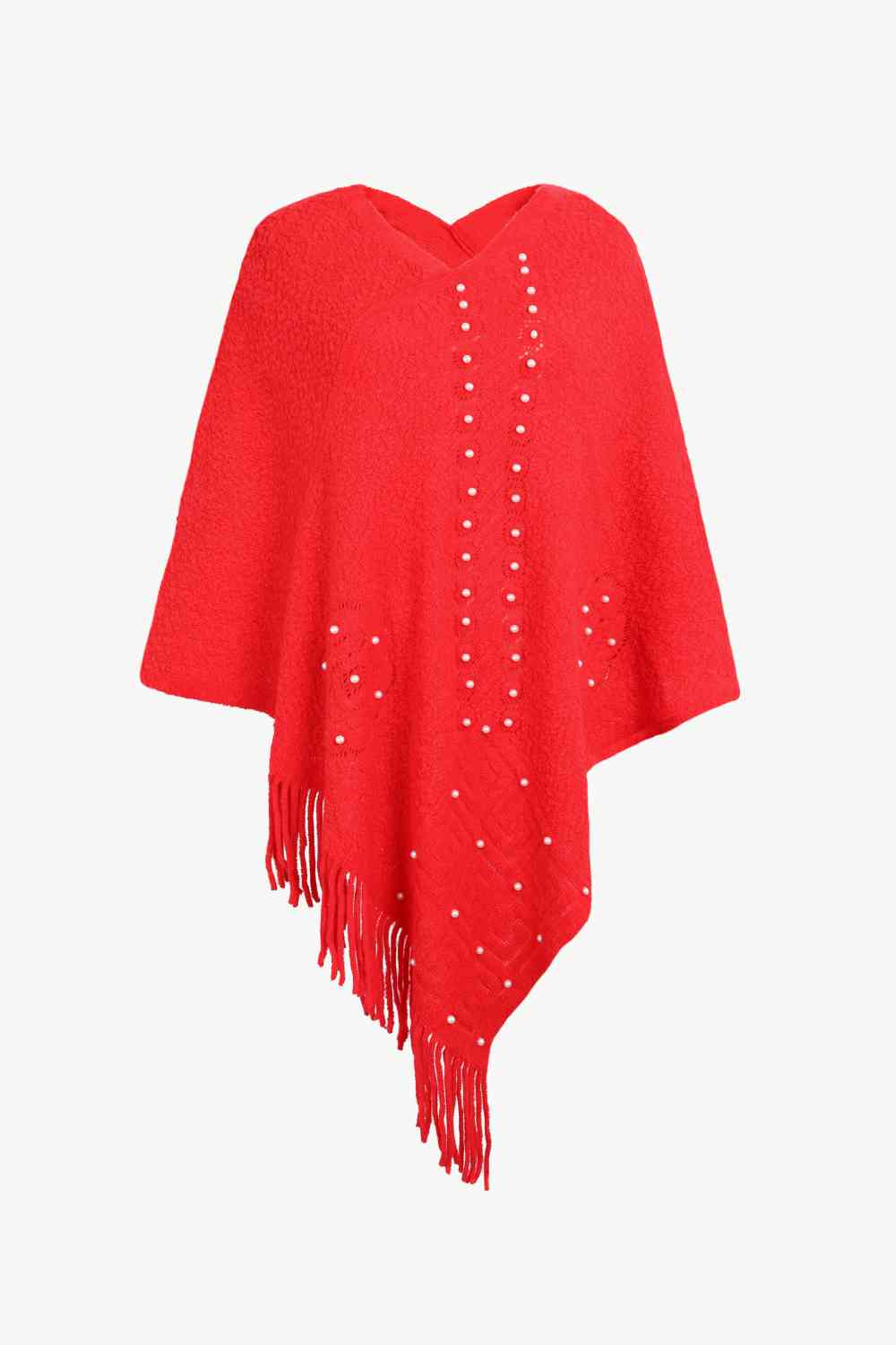 Pearl Trim Fringe Hem Poncho