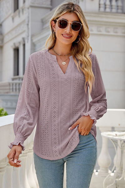 Eyelet Notched Lantern Sleeve T-Shirt