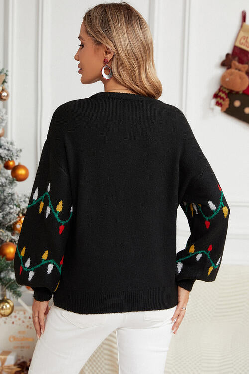 Round Neck Pattern Lantern Sleeve Sweater
