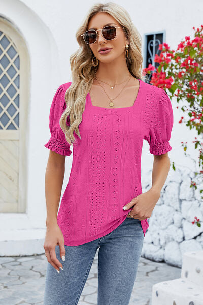 Eyelet Square Neck Short Sleeve T-Shirt