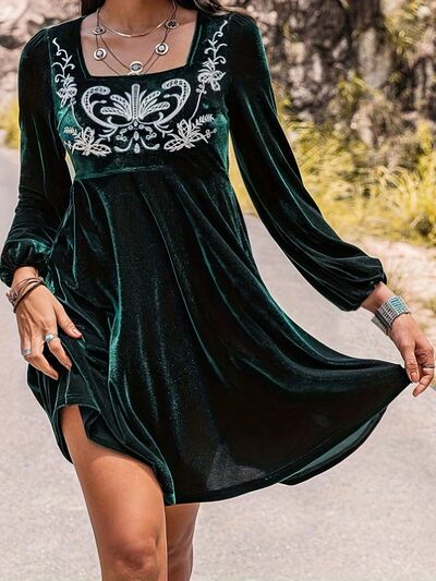 Printed Square Neck Long Sleeve Mini Dress