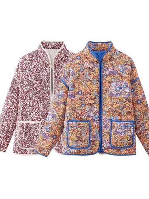 Floral Open Front Puffer Jacket with Pockets