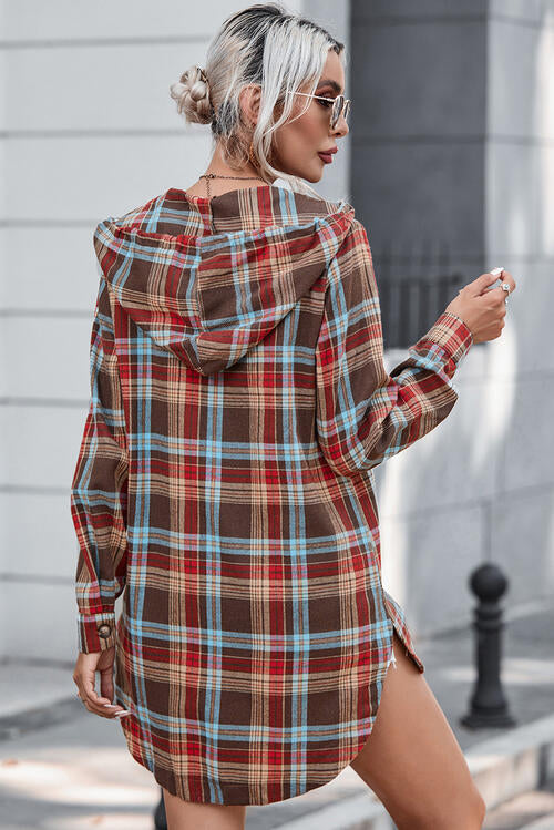 Plaid Drawstring Long Sleeve Hooded Dress with Pocket