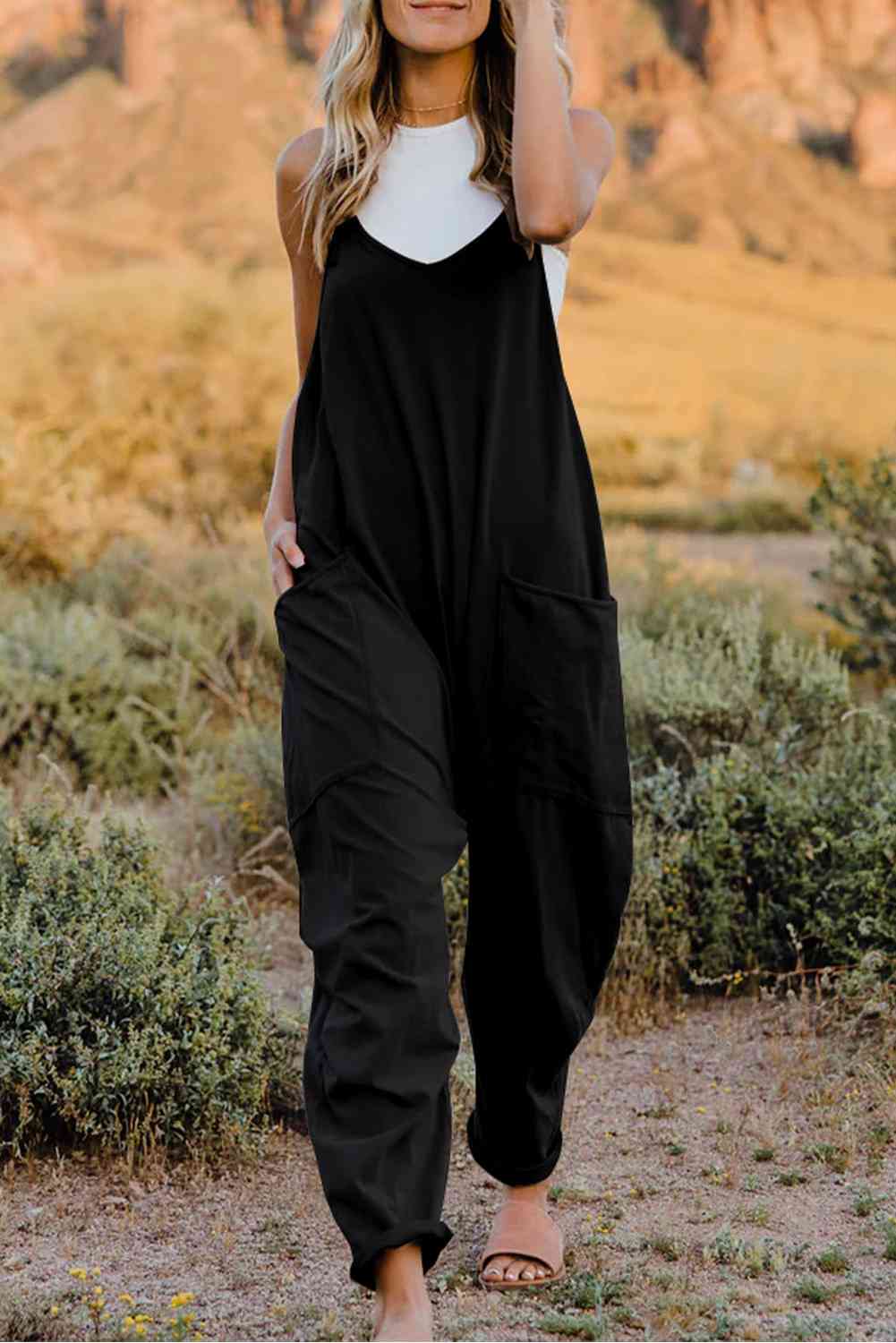 V-Neck Sleeveless Jumpsuit with Pocket