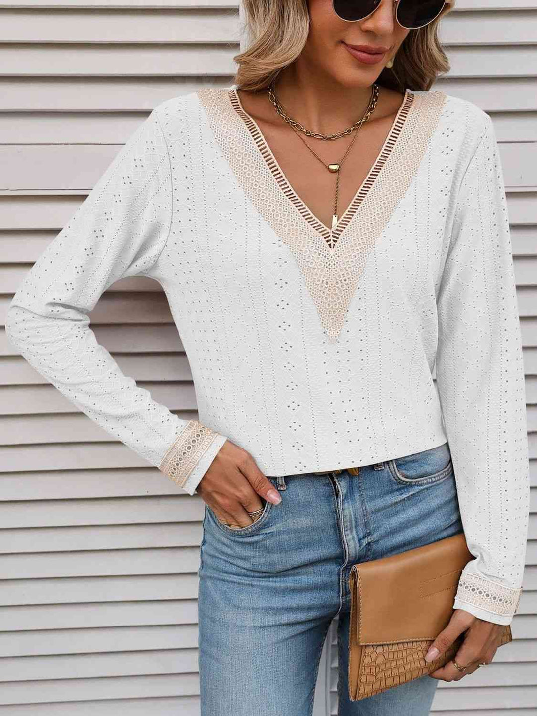 Double Take Contrast V-Neck Eyelet Long Sleeve Top