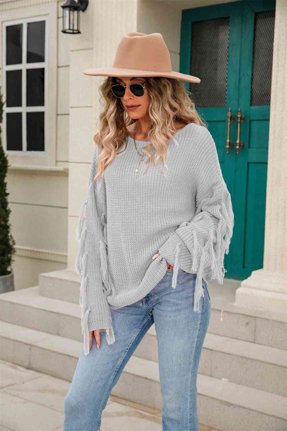 Ribbed Round Neck Fringe Detail Sweater