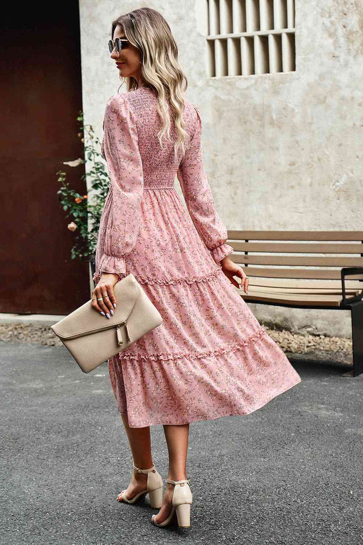 Smocked Flounce Sleeve Midi Dress