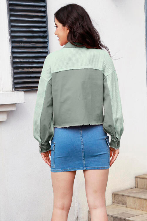 Button Up Raw Hem Long Sleeve Jacket