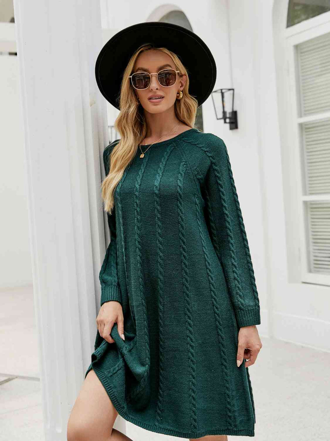 Cable-Knit Long Sleeve Sweater Dress