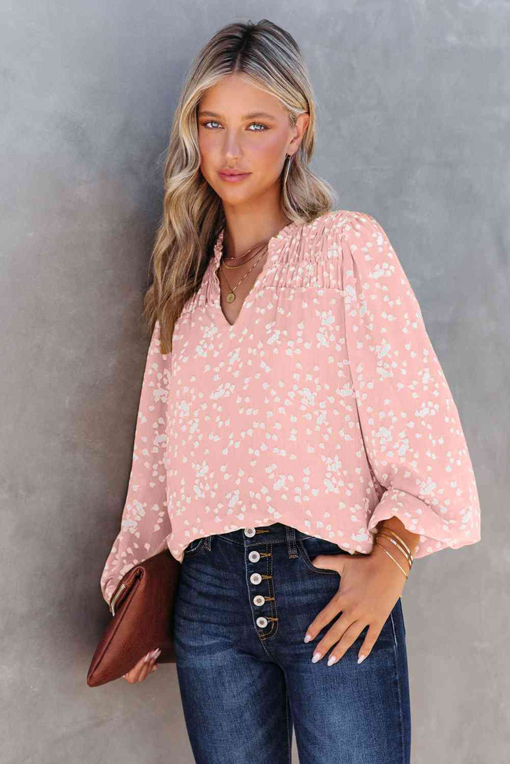 Double Take Printed Notched Neck Smocked Blouse