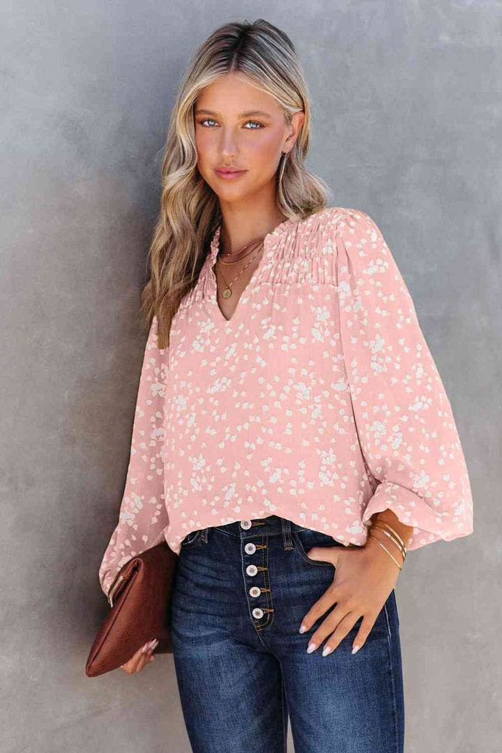 Double Take Printed Notched Neck Smocked Blouse