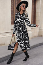 Printed Tie Front Collared Neck Slit Shirt Dress