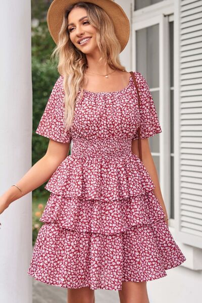 Floral Smocked Short Sleeve Layered Dress