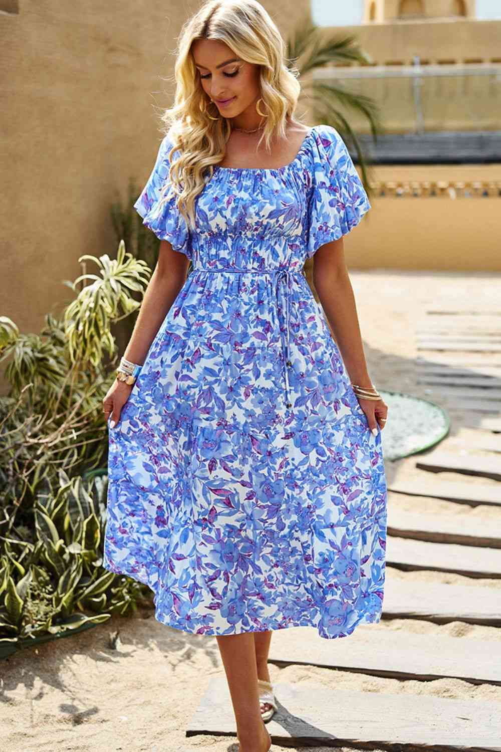 Floral Square Neck Tiered Midi Dress