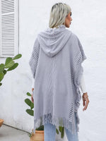 Fringe Trim Buttoned Hooded Poncho