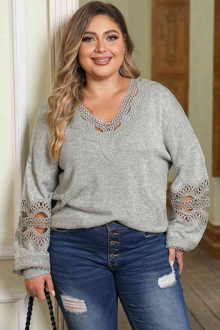 Plus Size Crochet Dropped Shoulder Long Sleeve Sweater