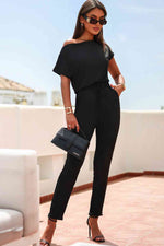 Boat Neck Drawstring Waist Jumpsuit with Pockets