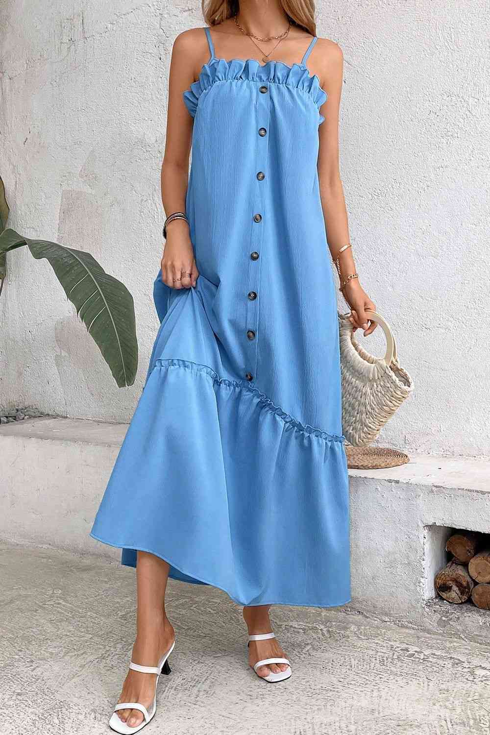 Ruffle Trim Buttoned Sleeveless Maxi Dress