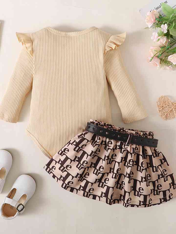 Ribbed Long Sleeve Top and Printed Skirt Set