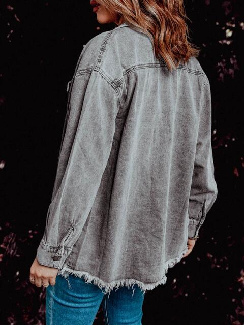 Frayed Hem Collared Denim Jacket