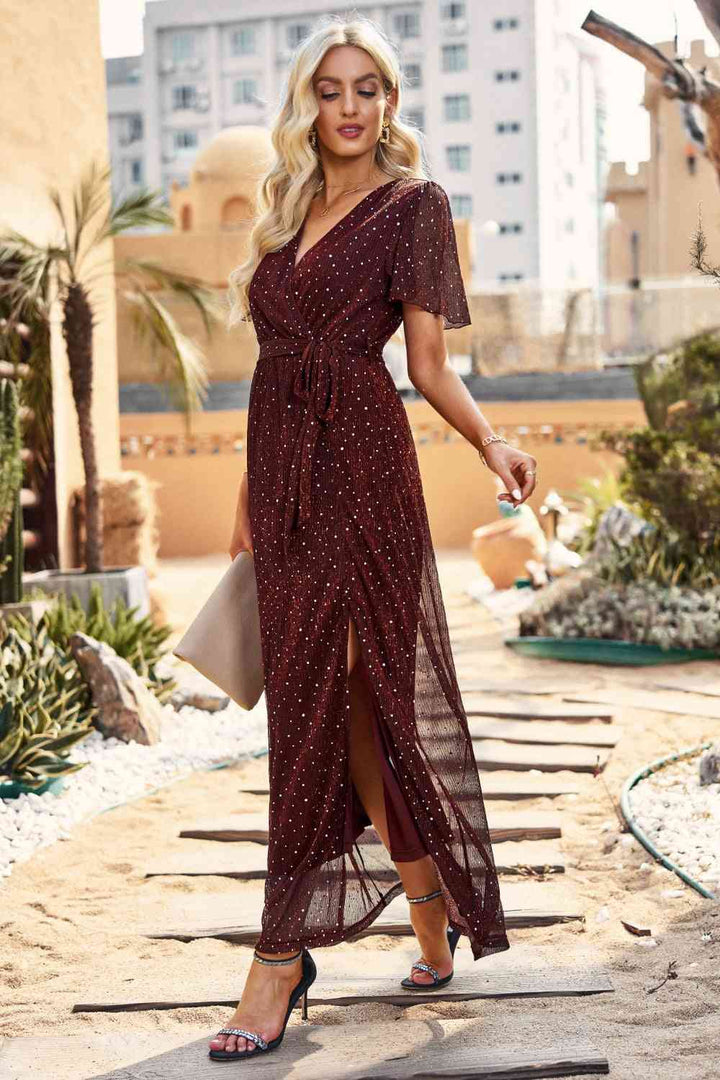 Surplice Neck High Slit Glitter Maxi Dress