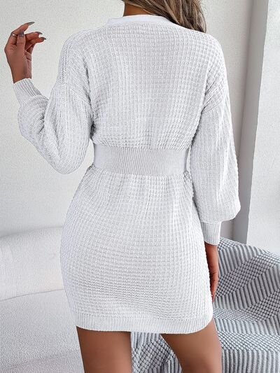 Buttoned Cable-Knit V-Neck Sweater Dress