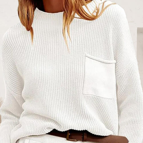 Ribbed Dropped Shoulder Sweater with Pocket