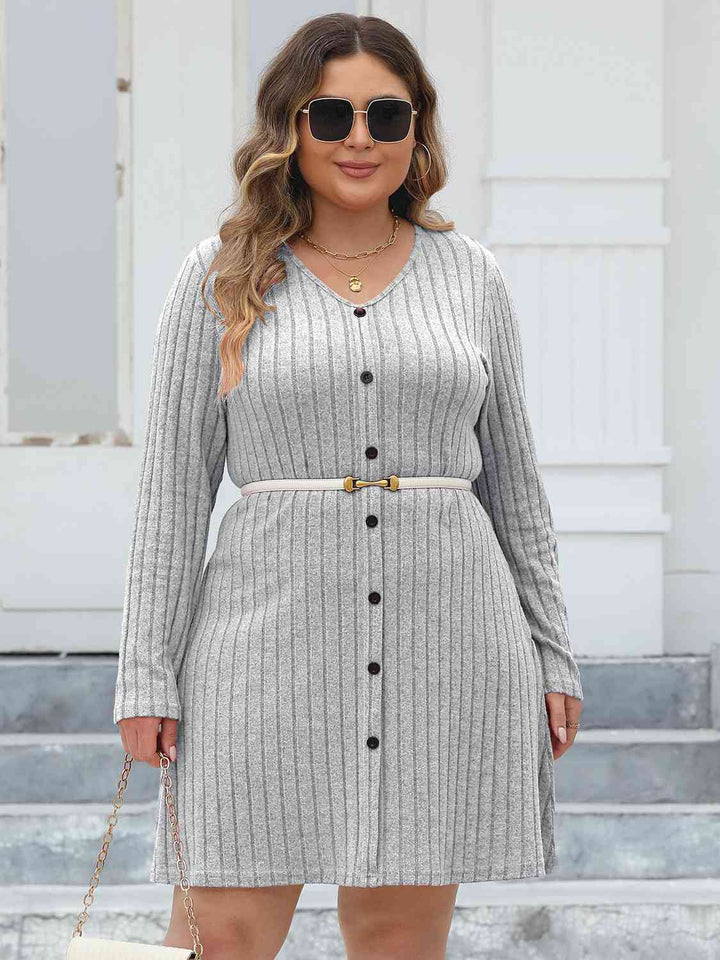 Plus Size Ribbed Buttoned V-Neck Long Sleeve Dress