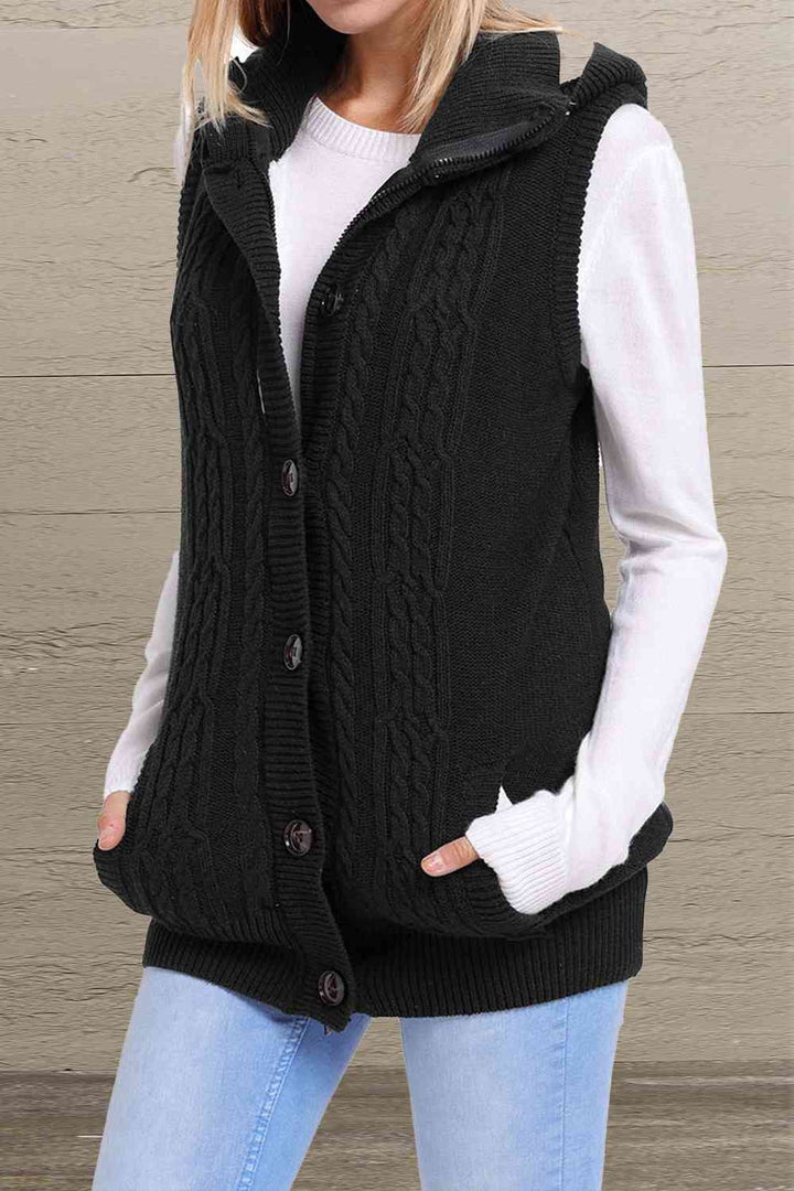 Button and Zip Closure Hooded Sweater Vest