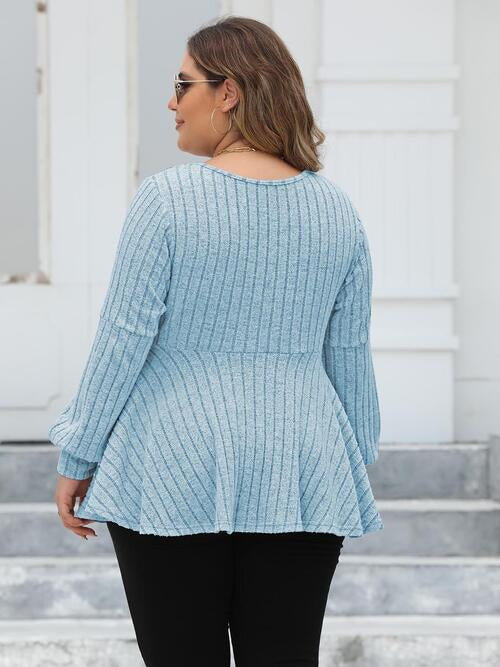 Plus Size Ribbed V-Neck Long Sleeve Blouse