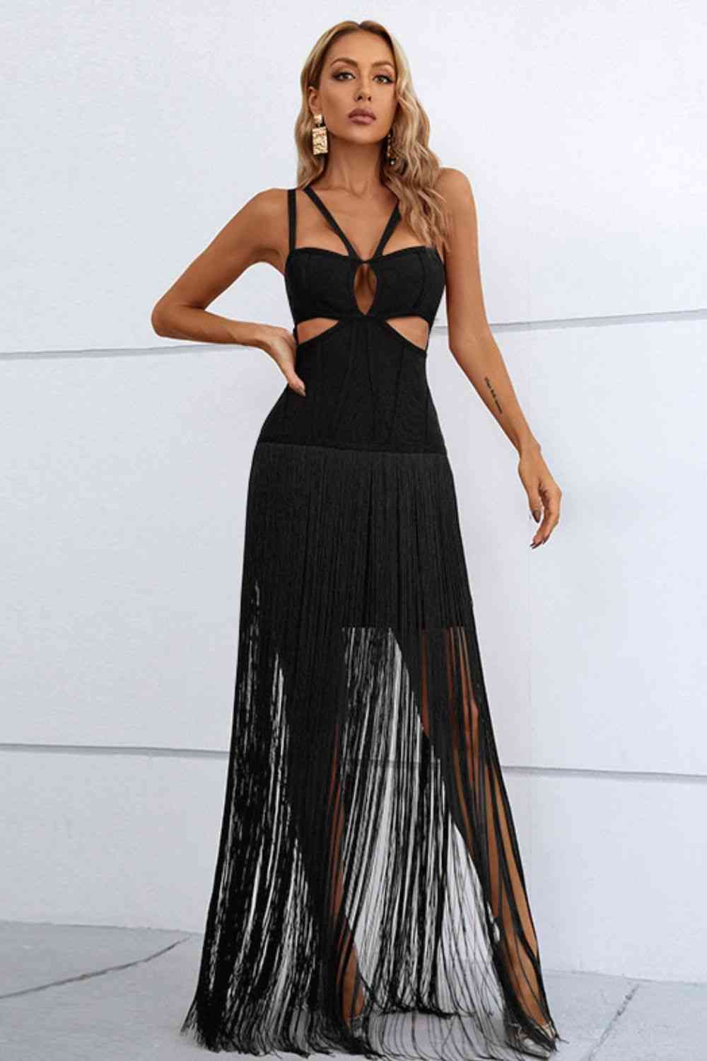 Cutout Strappy Neck Fringe Dress