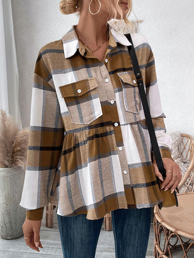 Plaid Button Up Dropped Shoulder Peplum Shacket