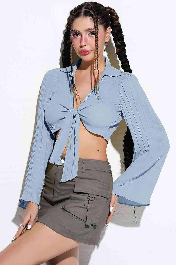 Tie Front Johnny Collar Flare Sleeve Cropped Top