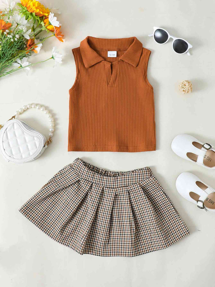 Girls Ribbed Sleeveless Top and Plaid Skirt Set