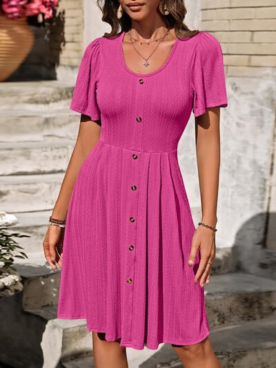 Decorative Button Scoop Neck Short Sleeve Dress