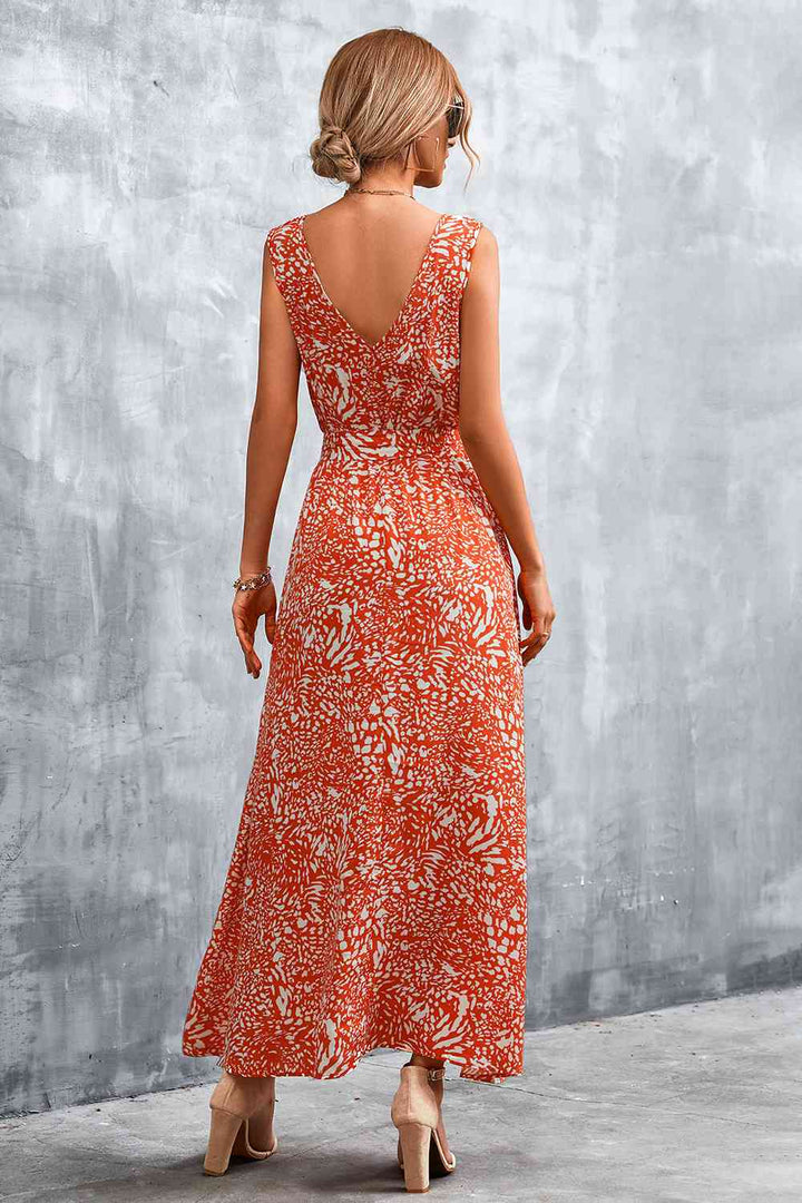 Printed V-Neck Tie Waist Maxi Dress