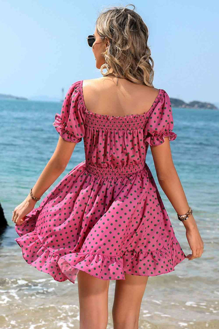 Polka Dot Square Neck Smocked Waist Dress