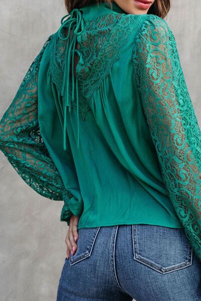 Lace Detail Mock Neck Flounce Sleeve Blouse