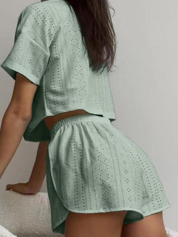 Eyelet Round Neck Top and Shorts Set