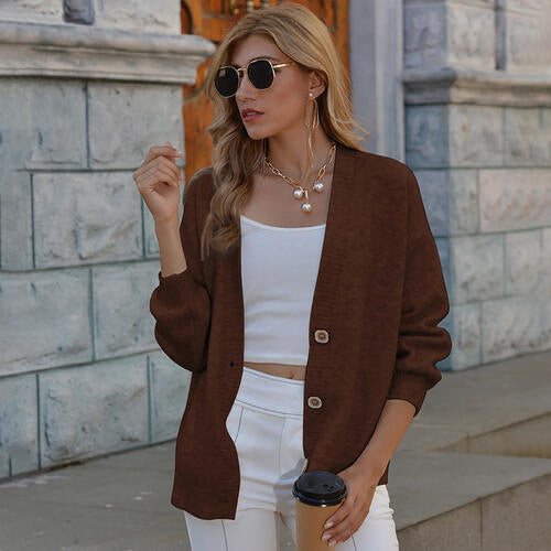 Button Up V-Neck Long Sleeve Cardigan