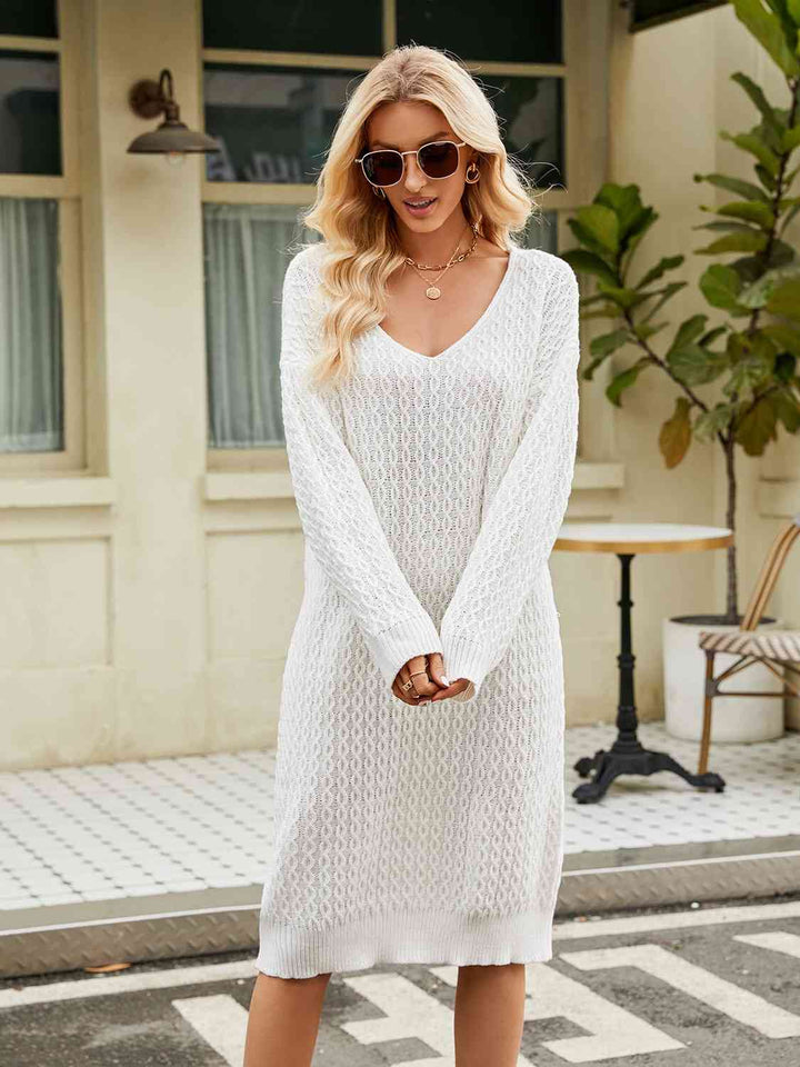 V-Neck Long Sleeve Sweater Dress