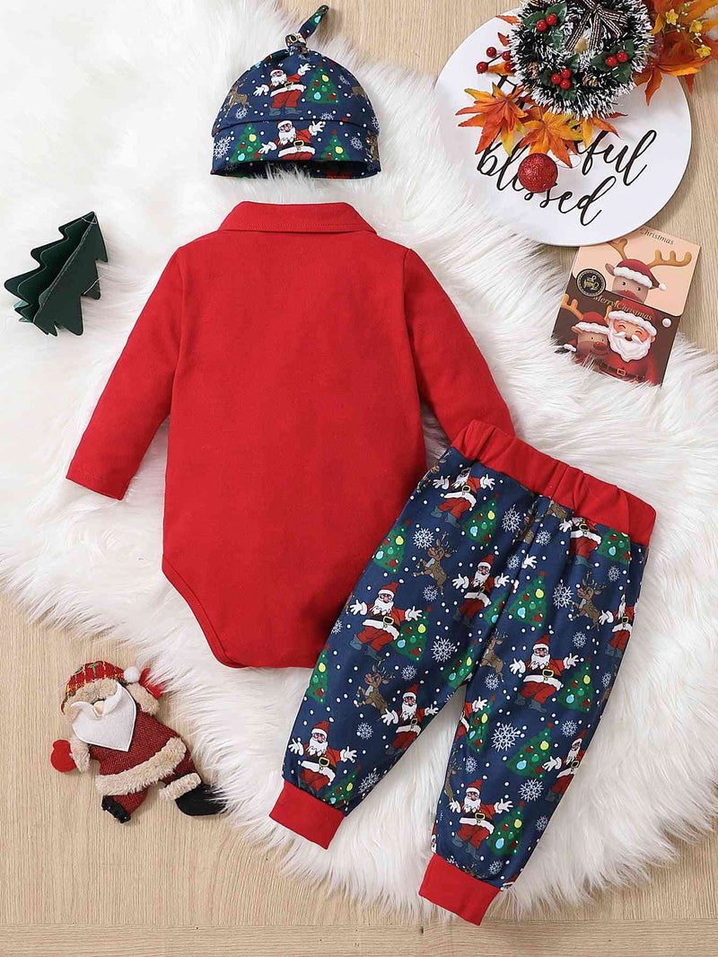 Printed Bow Front Collared Neck Bodysuit and Pants Set