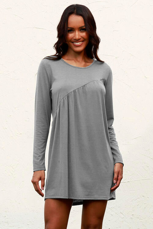 Ruched Round Neck Long Sleeve Dress
