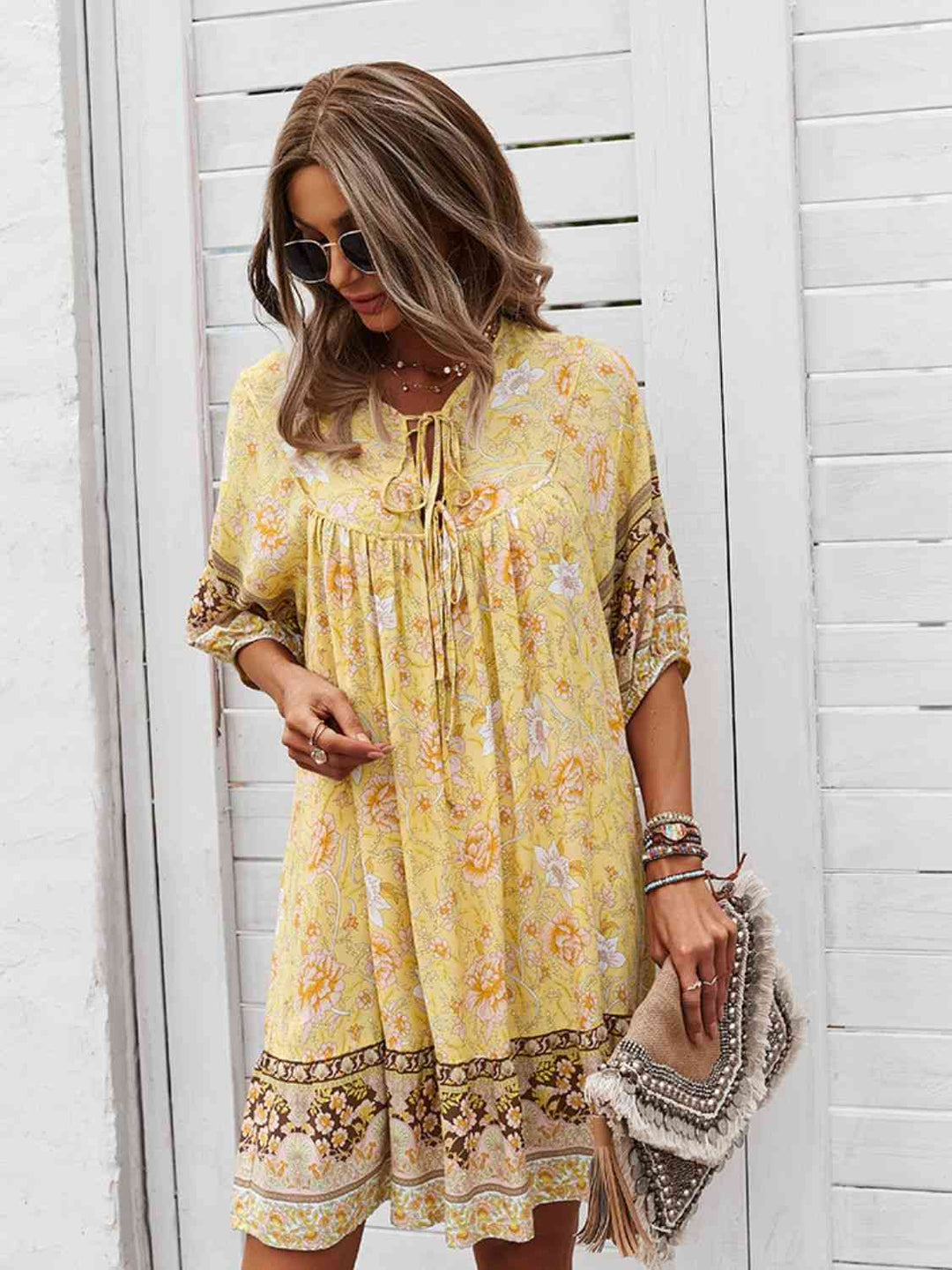 Bohemian Tie Neck Mini Dress