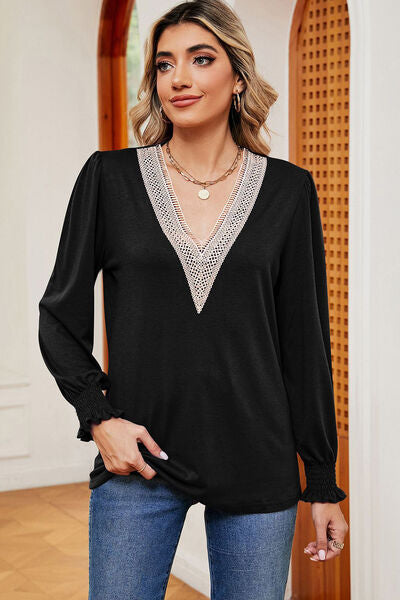 Lace Detail V-Neck Lantern Sleeve T-Shirt