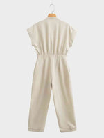 Notched Short Sleeve Jumpsuit with Pockets